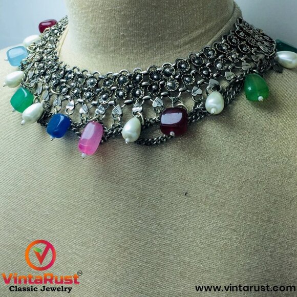 Multicolor Stones Choker Necklace, Silver Boho Choker With Pearls - Picture 3 of 9